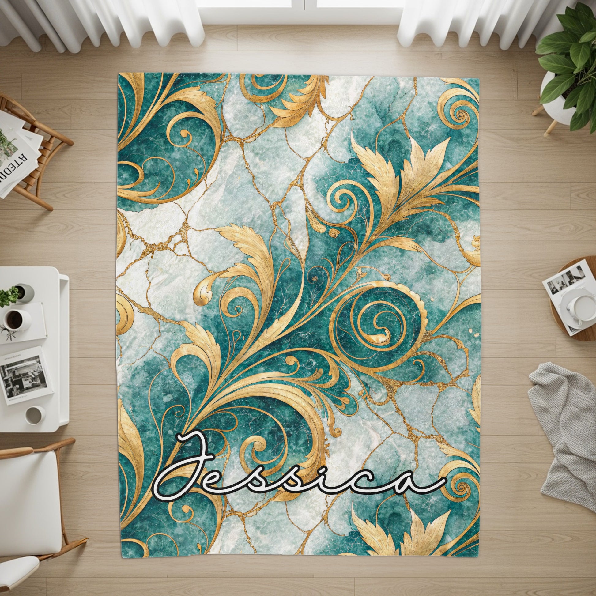 Golden Floral on Blue Custom Name Style Blanket - Walk Greener
