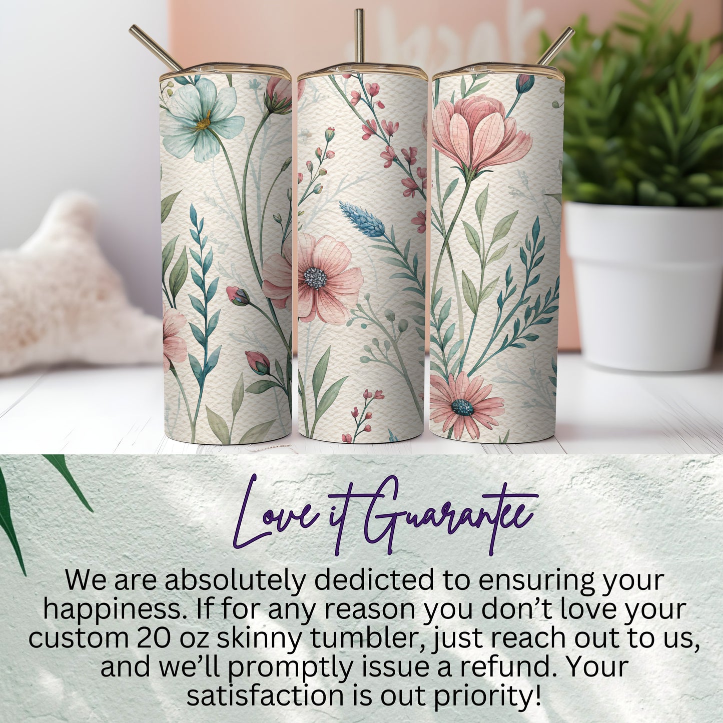 Delicate Watercolor Floral Spring Summer Design 20 oz Skinny Tumbler - Walk Greener