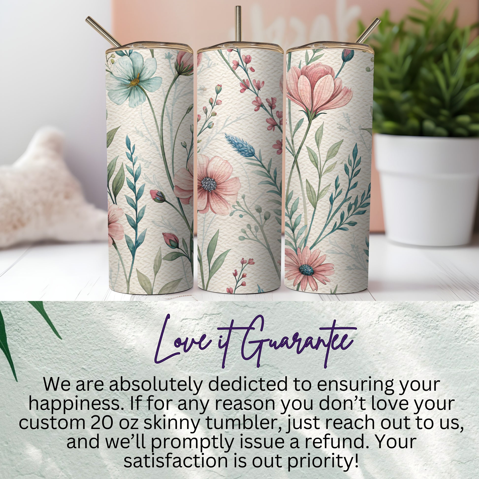 Delicate Watercolor Floral Spring Summer Design 20 oz Skinny Tumbler - Walk Greener