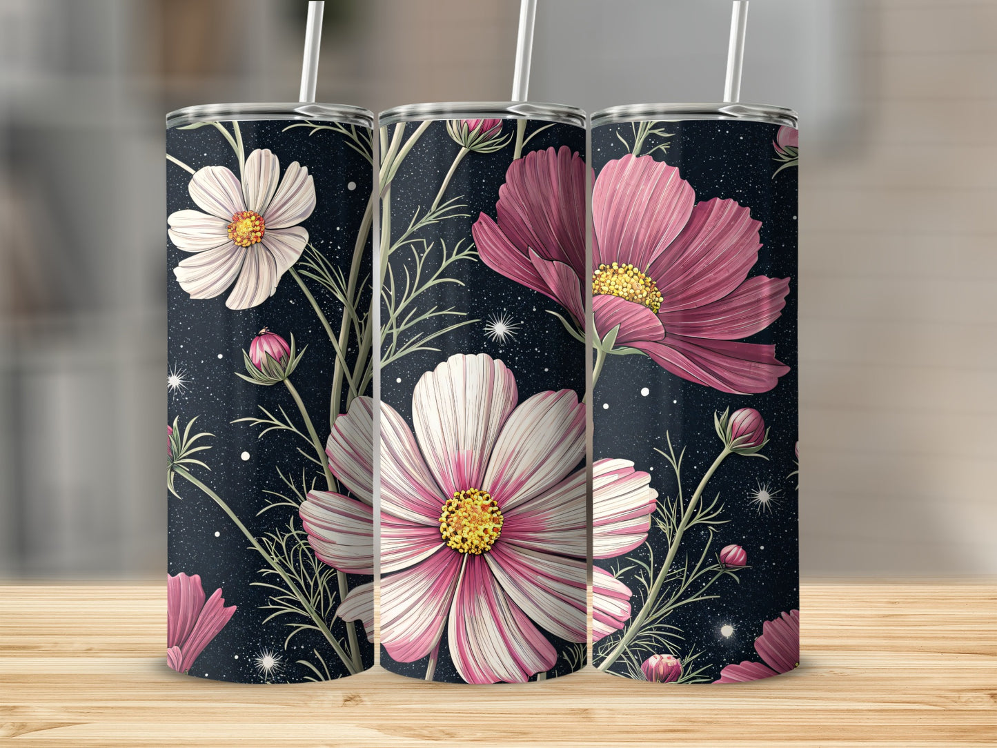 Cosmic Floral Design Tumbler with Starry Background