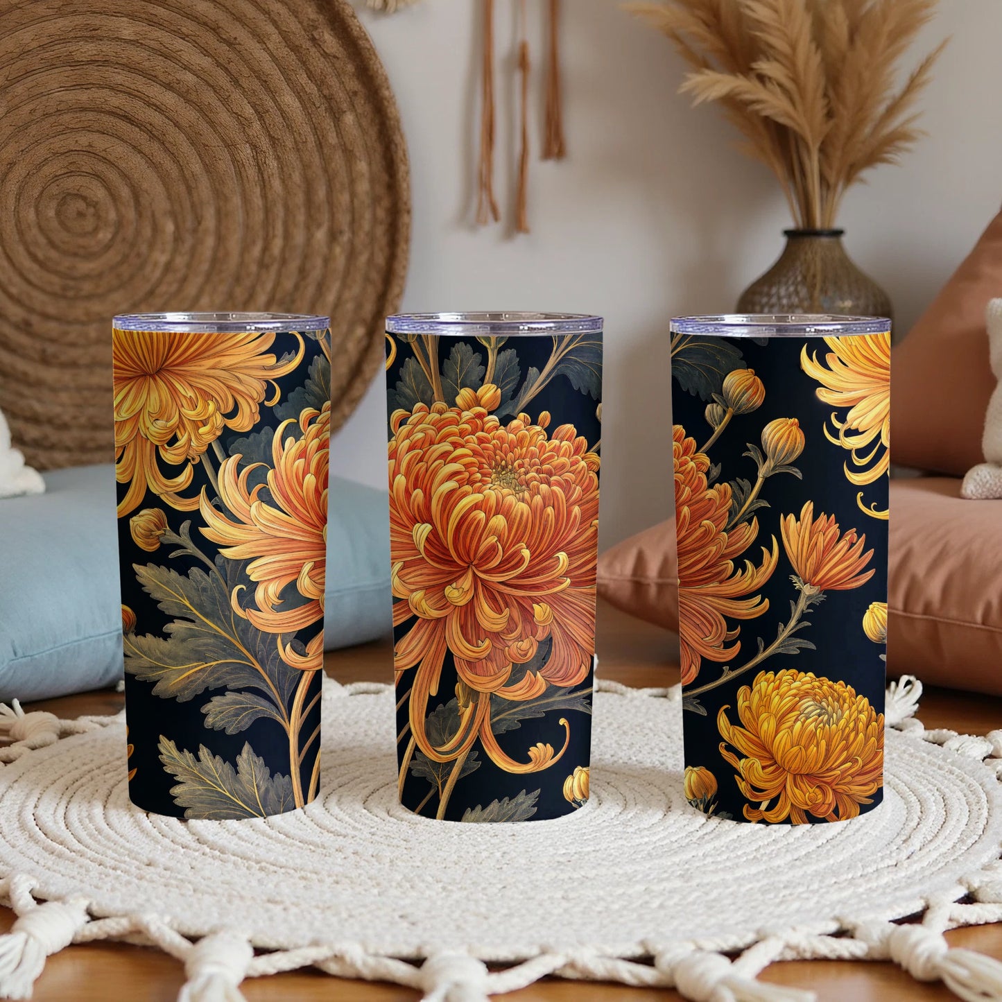 Golden Chrysanthemums Floral Design on Black Background Tumblers - Walk Greener