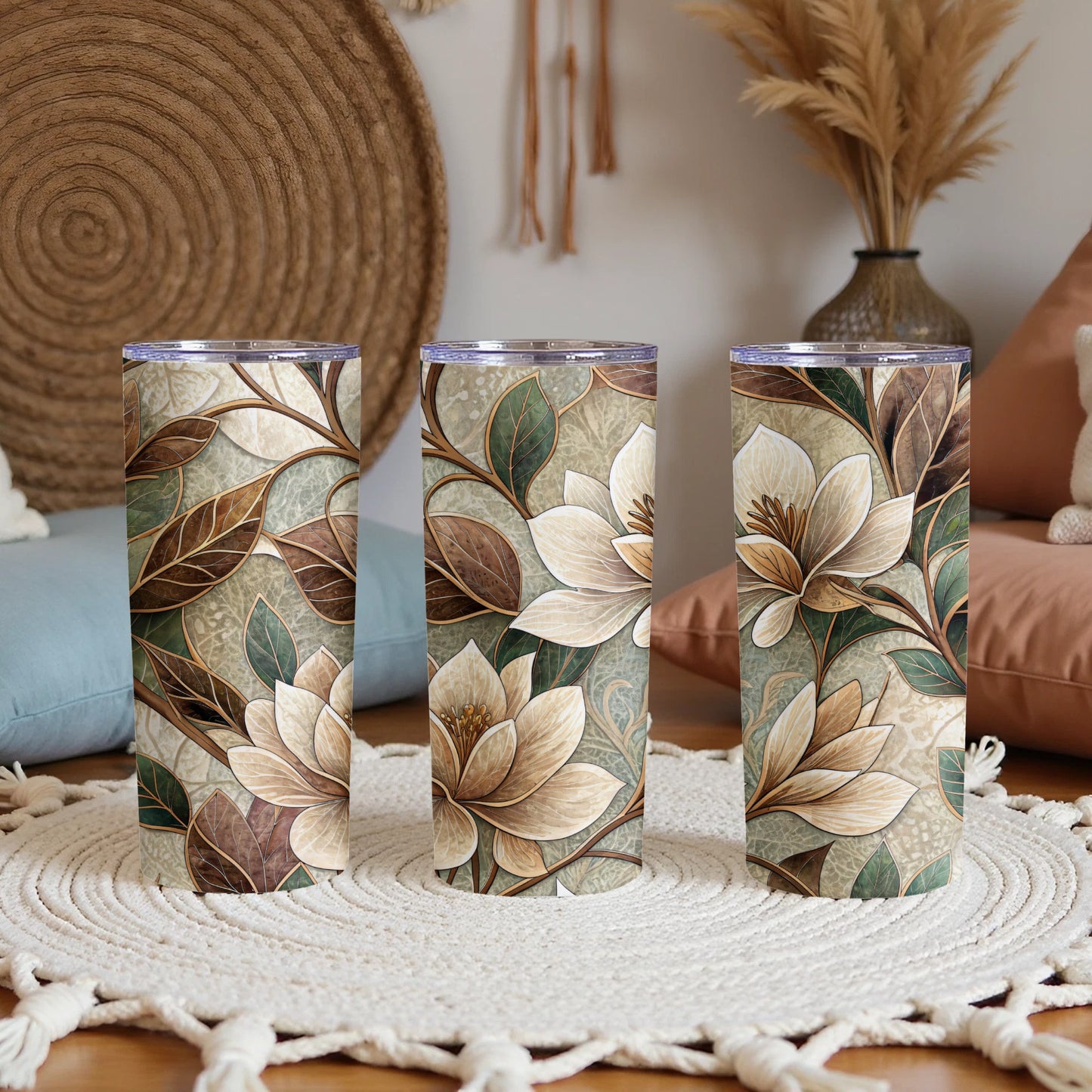 Elegant Blooms and Leaves Artistic Design 20 oz Skinny Tumbler - Walk Greener