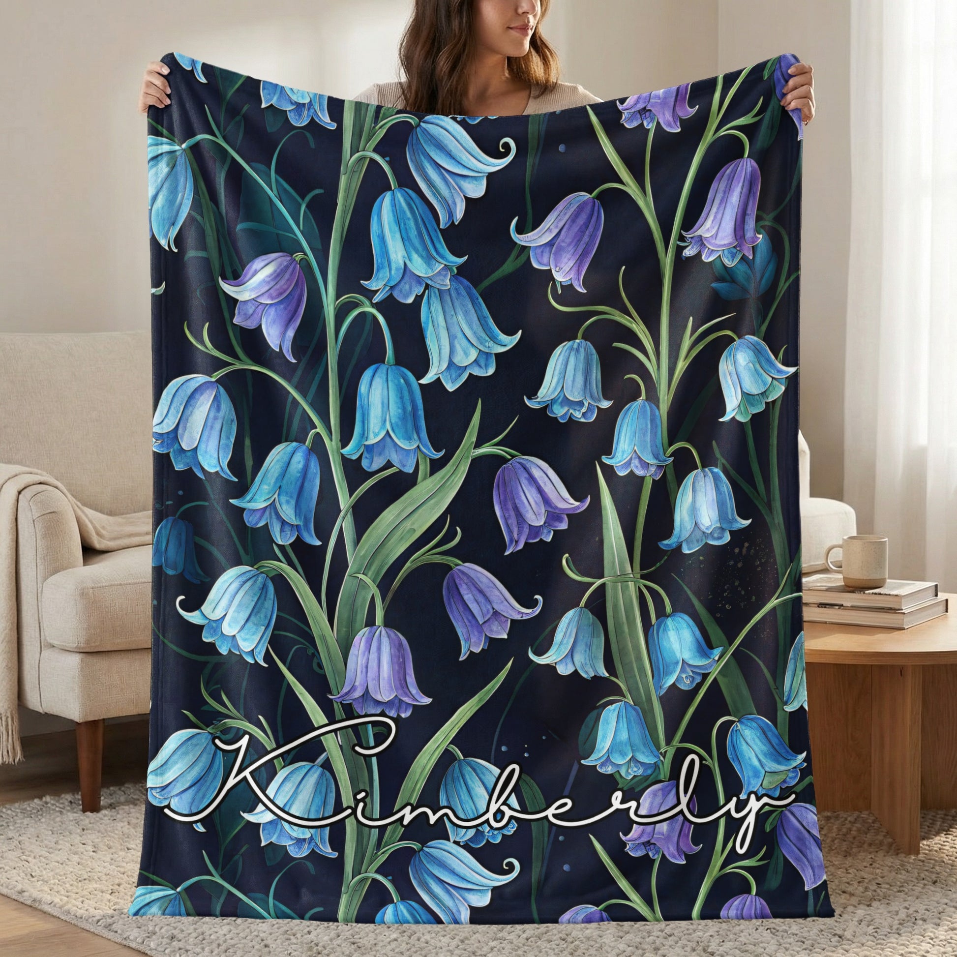 Custom Name Blue and Purple Bell Flowers Blanket