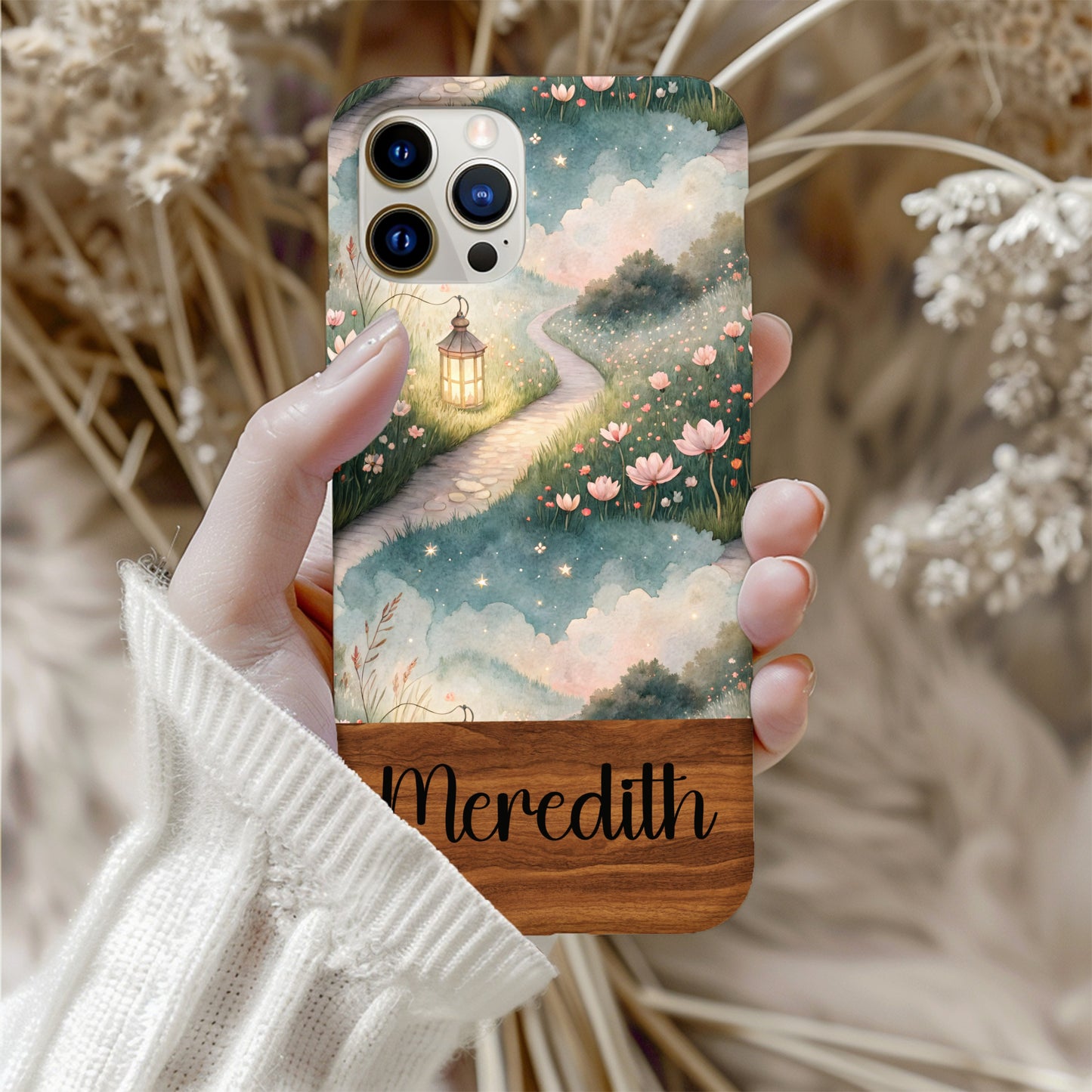 Floral Pathway Lamp Post Scenery with Custom Name Custom Phone Case - Walk Greener