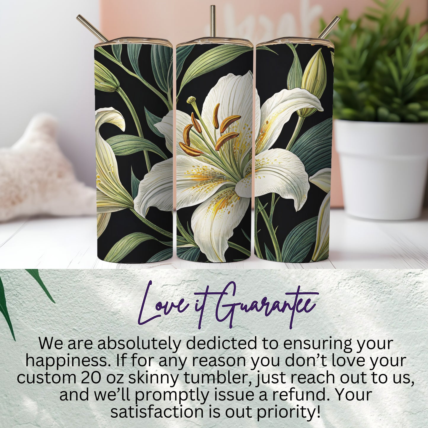 Delicate White Lilies on Black Background for Floral Lovers Tumblers - Walk Greener