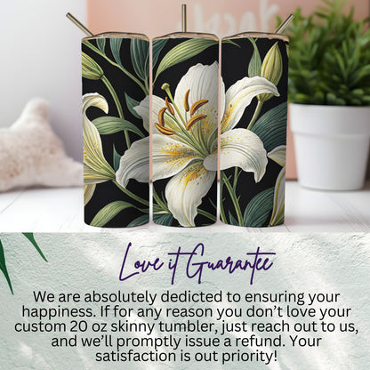 Delicate White Lilies on Black Background for Floral Lovers Tumblers - Walk Greener