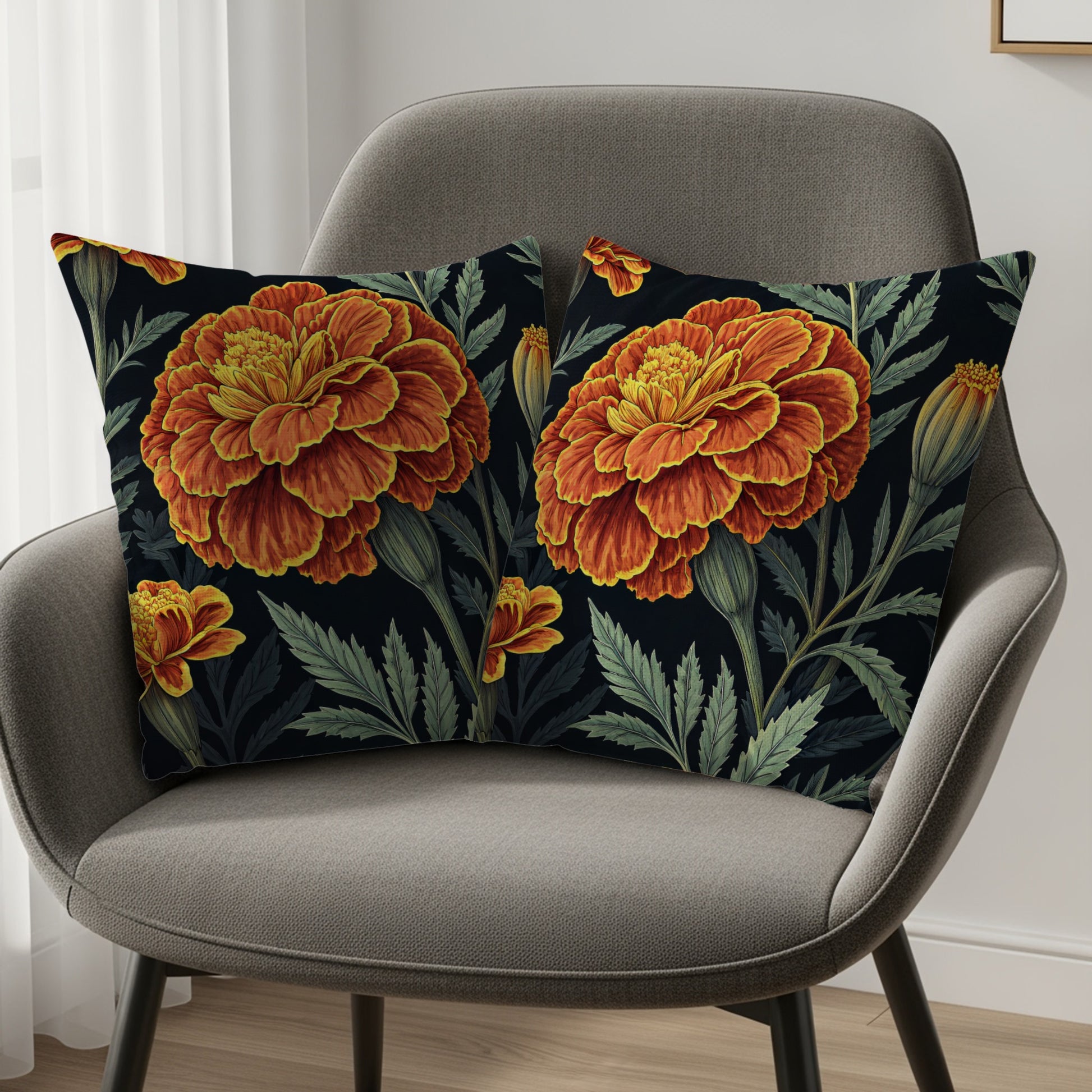 Vibrant Marigold Garden Art Deco Style Decorative Floral Throw Pillows - Walk Greener