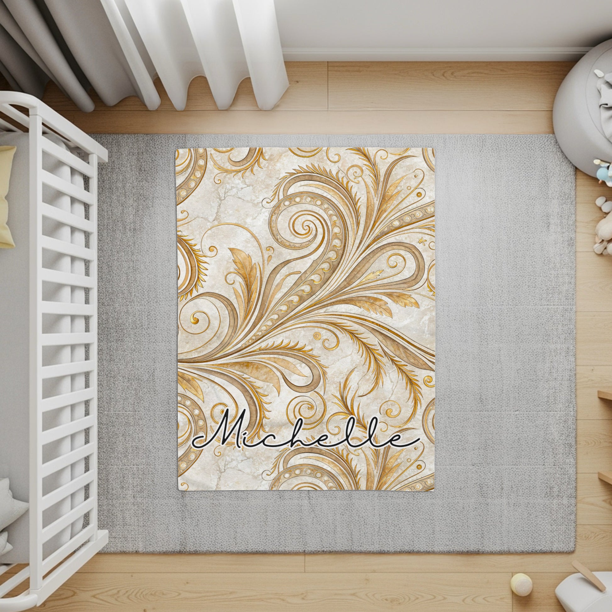 Golden Swirl Design Custom Name Nursery Rug