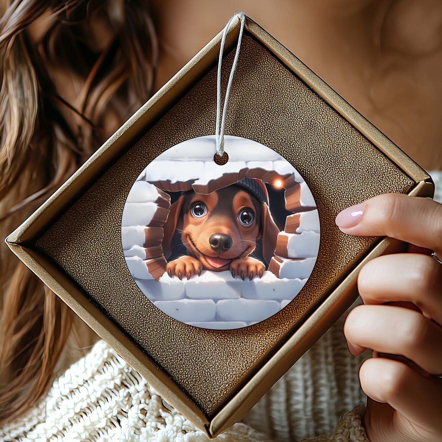 Cute Puppy Poking Through Brick Wall Ornament product