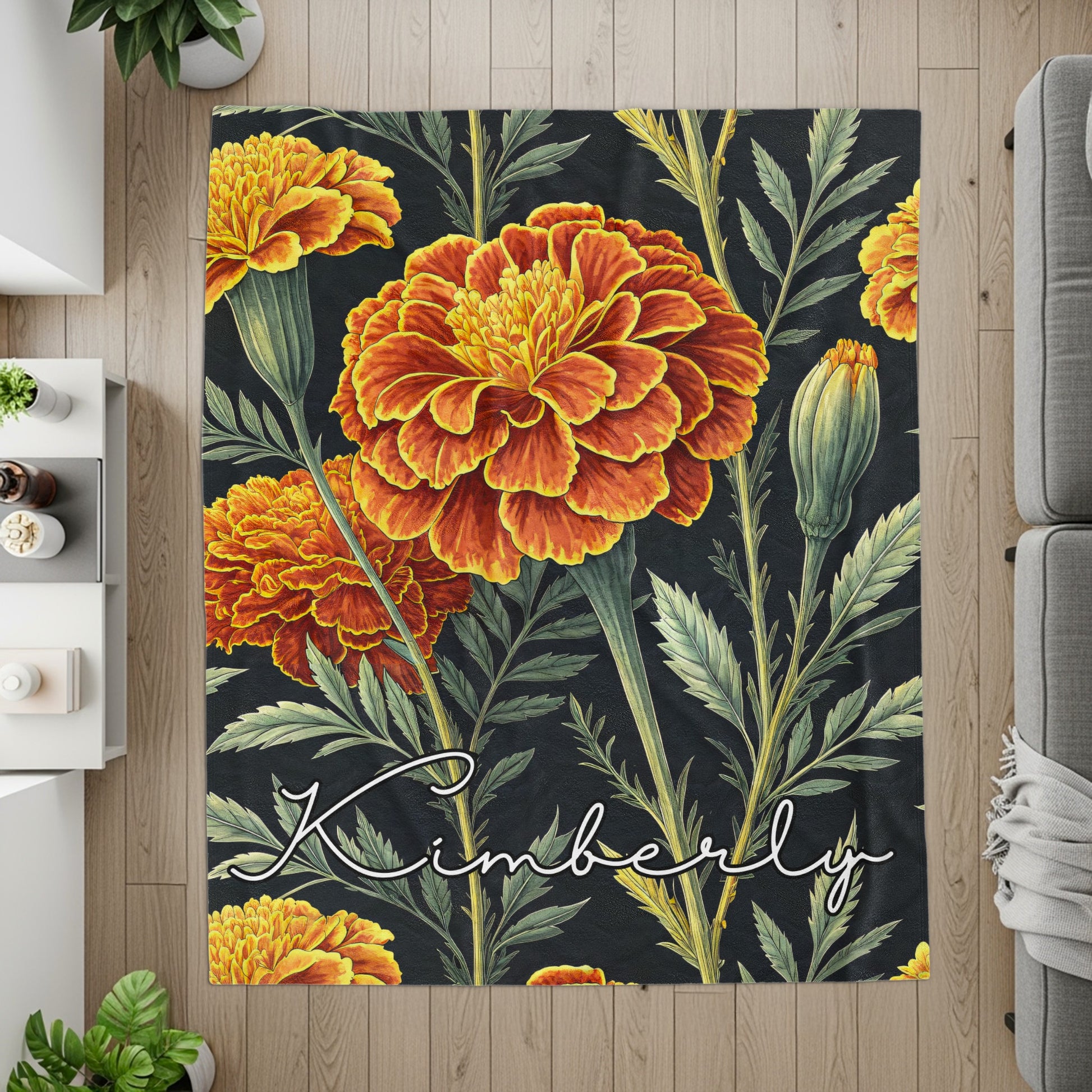 Marigold Flowers Custom Personalized Name Blanket Decor - Walk Greener