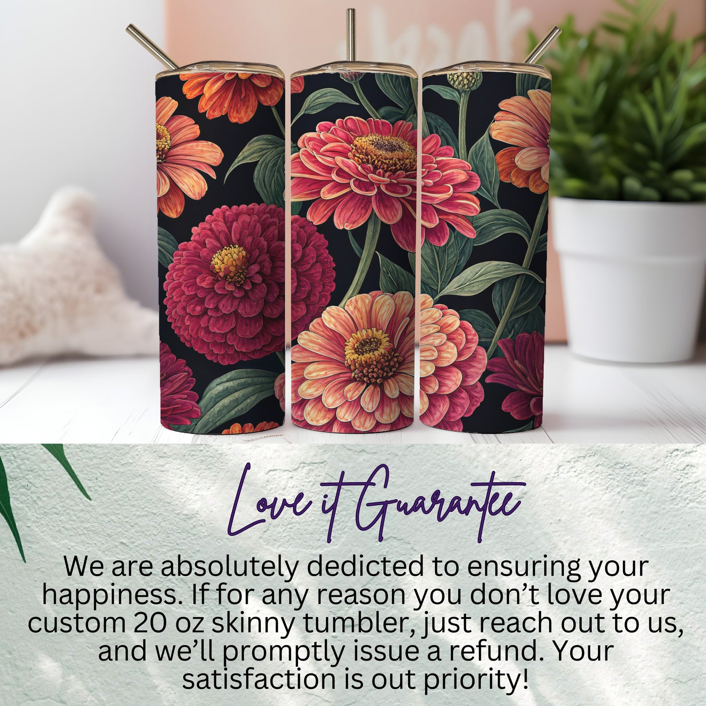 Floral Design Custom 20 oz Skinny Tumbler for Beverage