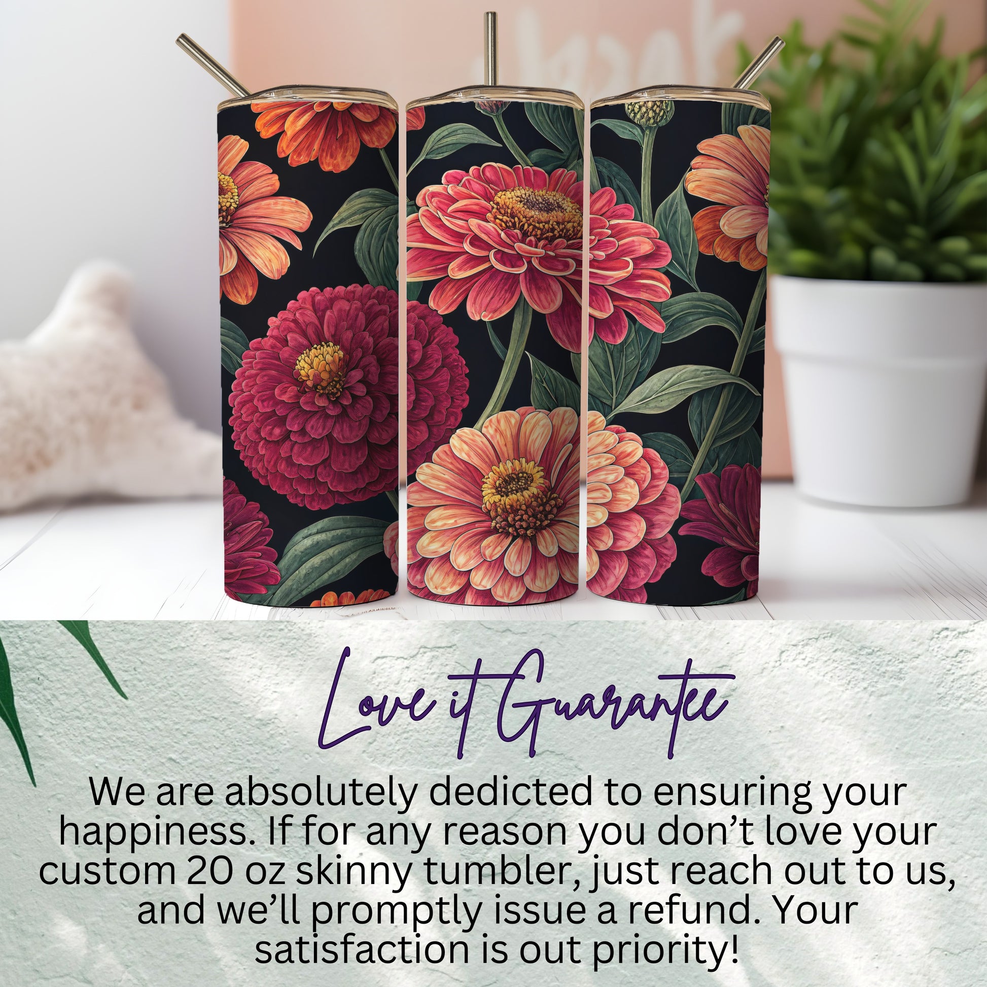 Floral Design Custom 20 oz Skinny Tumbler for Beverage