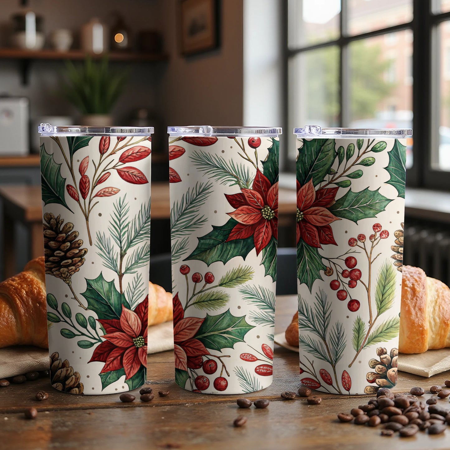 Festive Holiday Floral Insulated Tumbler Christmas Cup