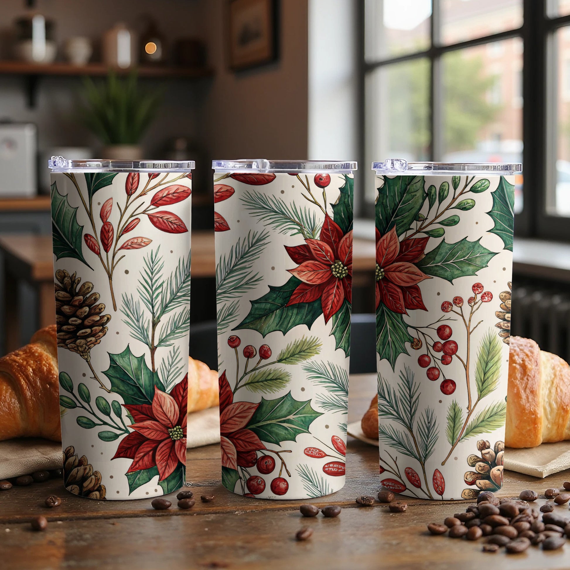 Festive Holiday Floral Insulated Tumbler Christmas Cup