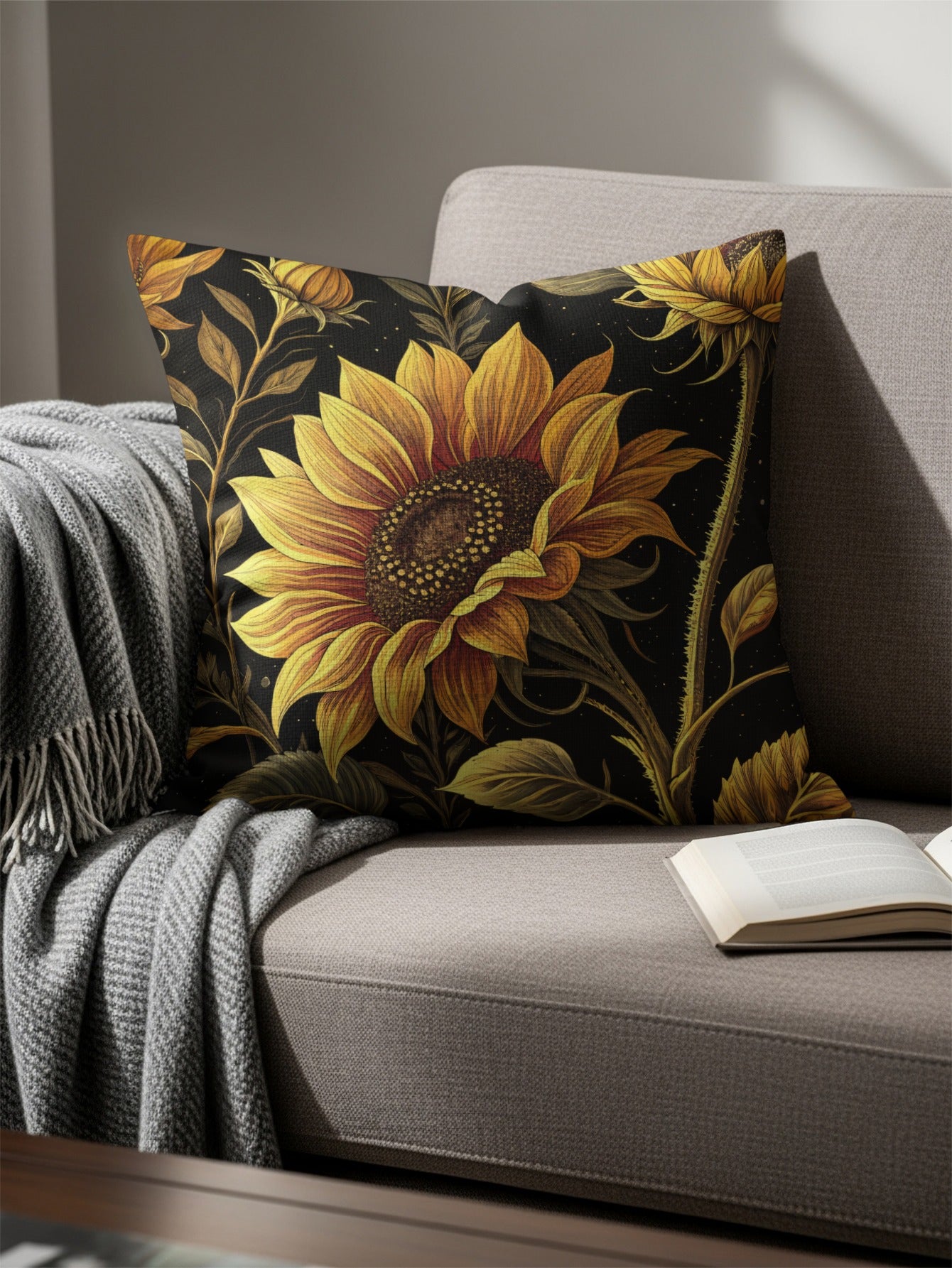 Elegant Sunflowers on Dark Background Decorative Floral Throw Pillows - Walk Greener