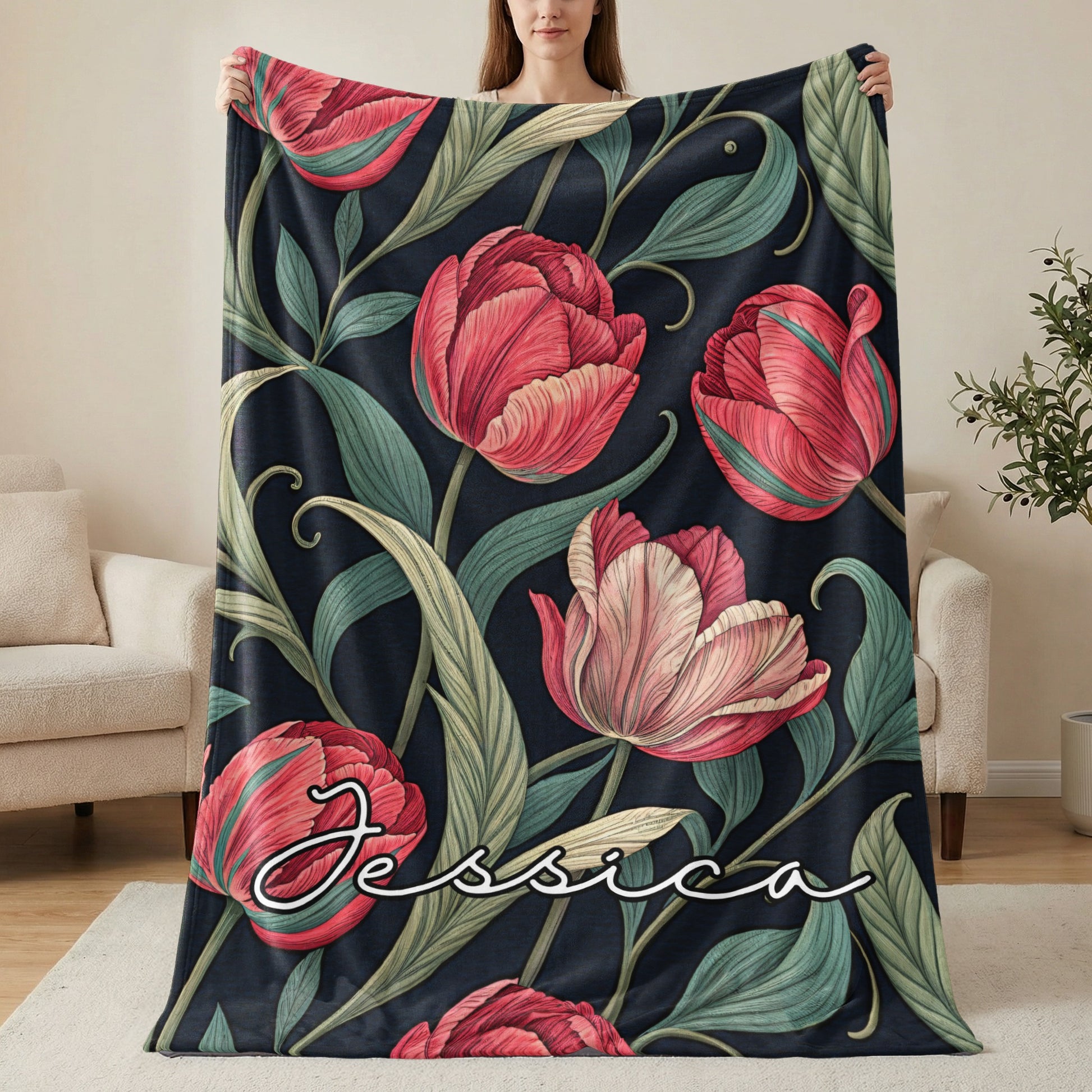 Custom Floral Blanket with Name Personalized Decor Blanket