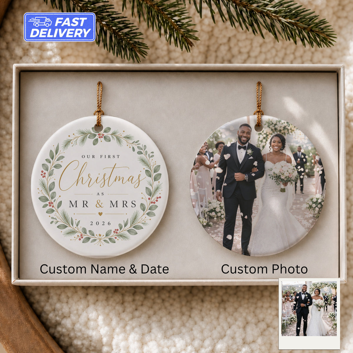 Our First Christmas as Mr & Mrs 2026 custom ornament with wedding photo.