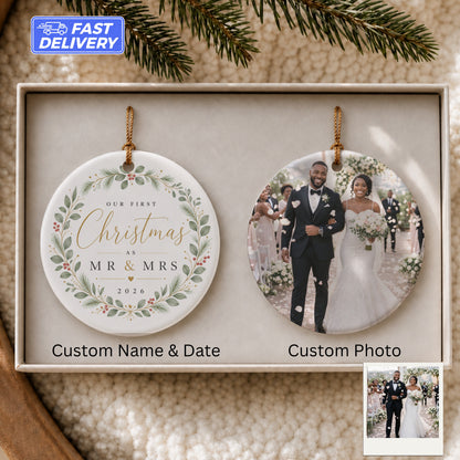 Our First Christmas as Mr & Mrs 2026 custom ornament with wedding photo.