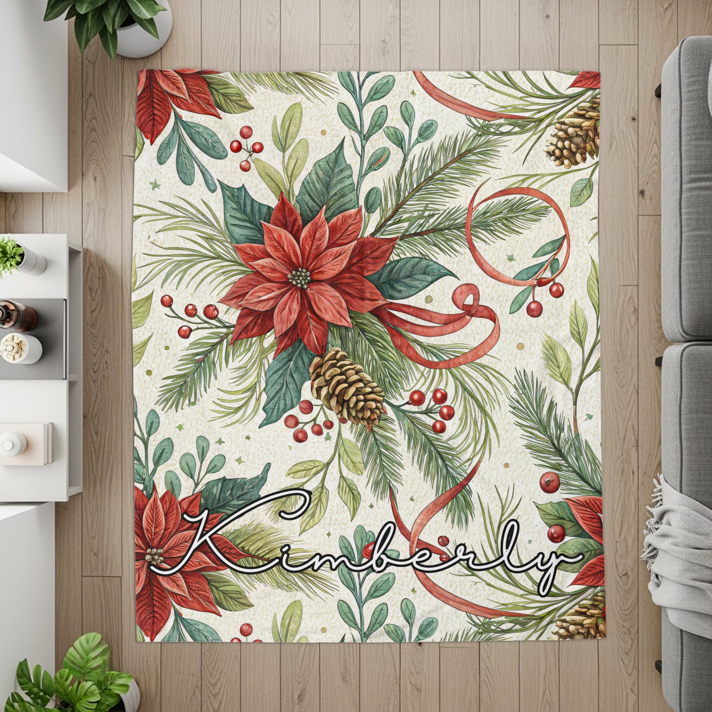 Beautiful Holiday Poinsettia Personalized Name Mat