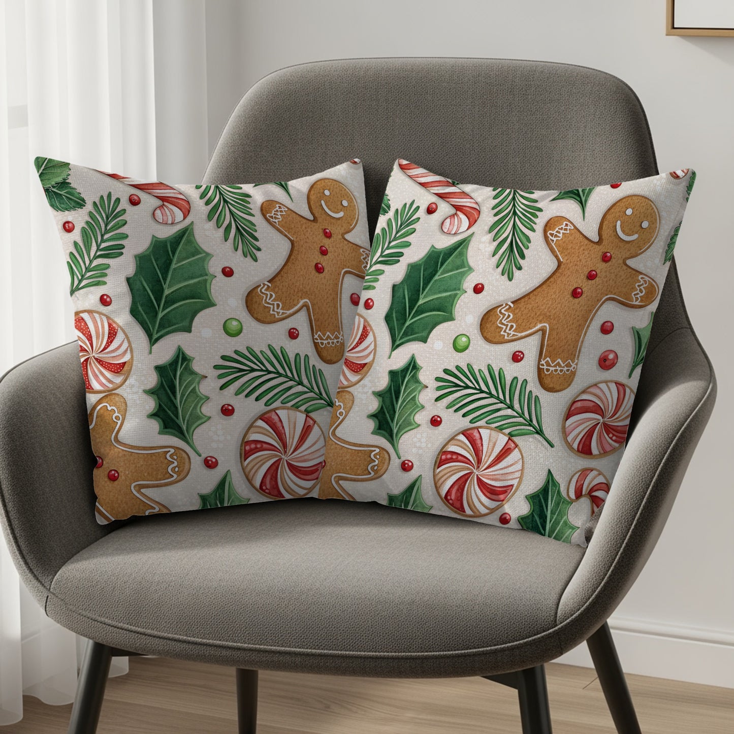 Festive Gingerbread and Holly Christmas Pillow Covers