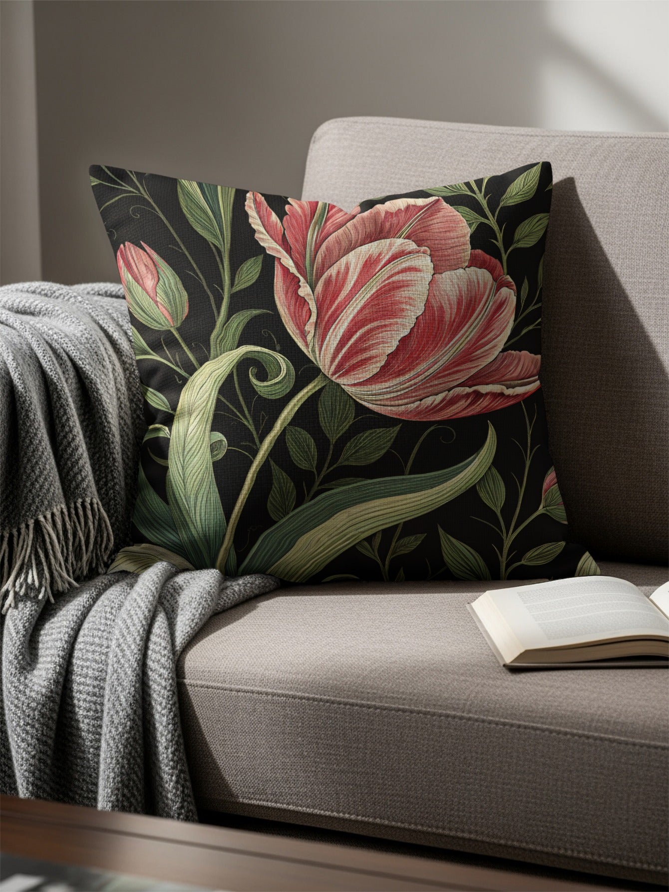 Red White Tulips a Dark Backdrop Decorative Floral Throw Pillows - Walk Greener