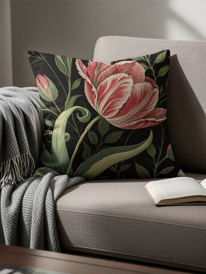Red White Tulips a Dark Backdrop Decorative Floral Throw Pillows - Walk Greener