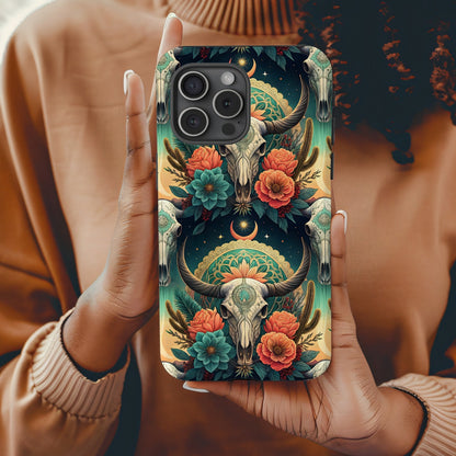 Boho Bull Skull Floral Art iPhone 14 Case for Unique Style
