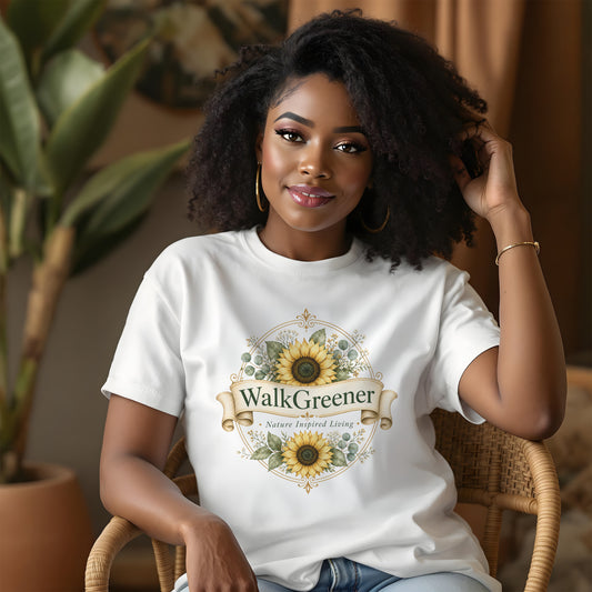 White t-shirt with "WalkGreener Nature Inspired Living" text and sunflower graphic.