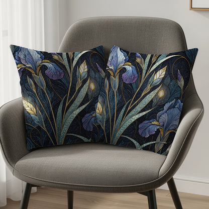Elegant Iris Floral Pattern in Blue and Gold Throw Pillows - Walk Greener