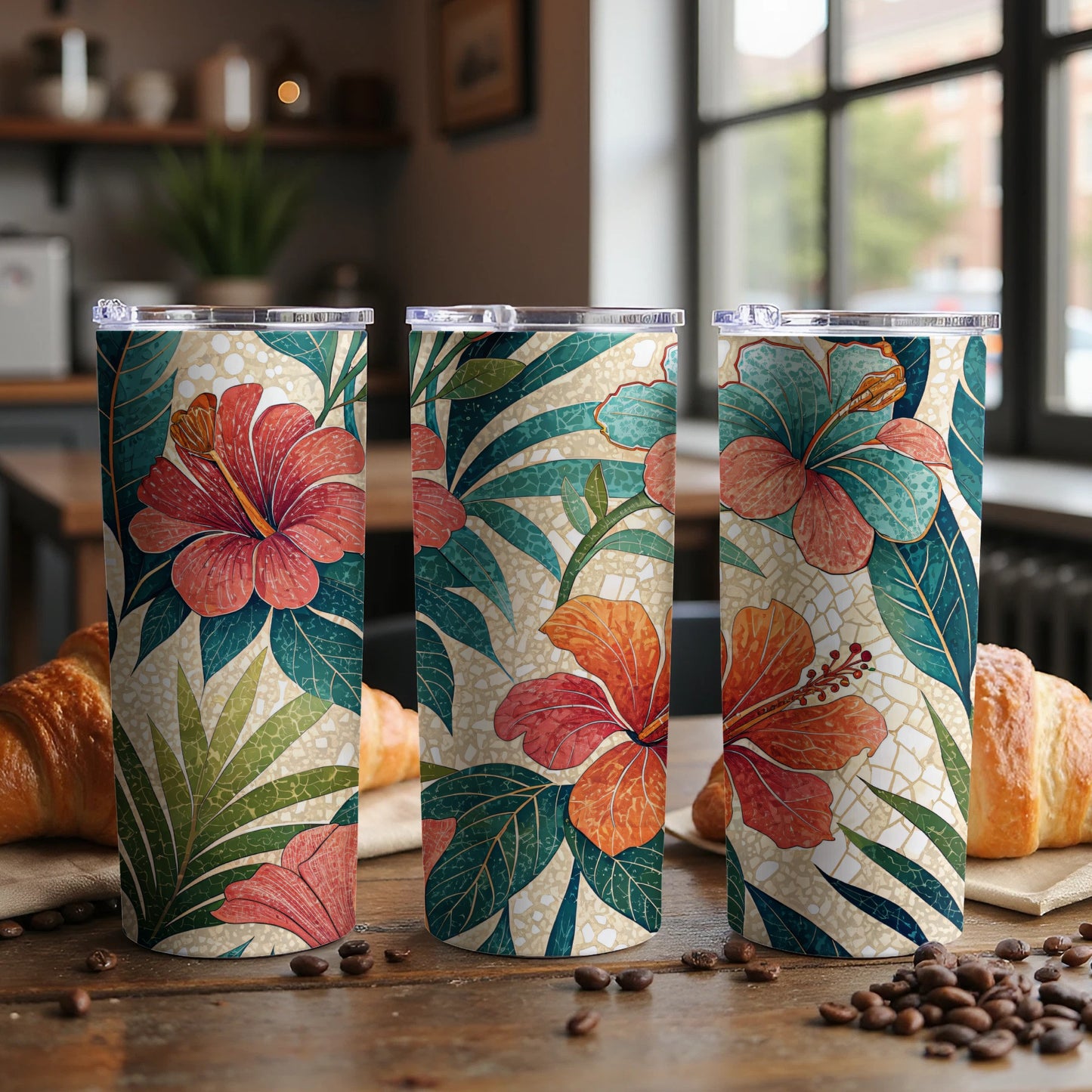 Tropical Hibiscus Flowers Artistic Pattern 20 oz Skinny Tumbler - Walk Greener