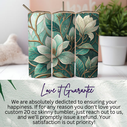 Floral Fantasy With Emerald Leaves and Ivory Flowers 20 oz Skinny Tumbler - Walk Greener