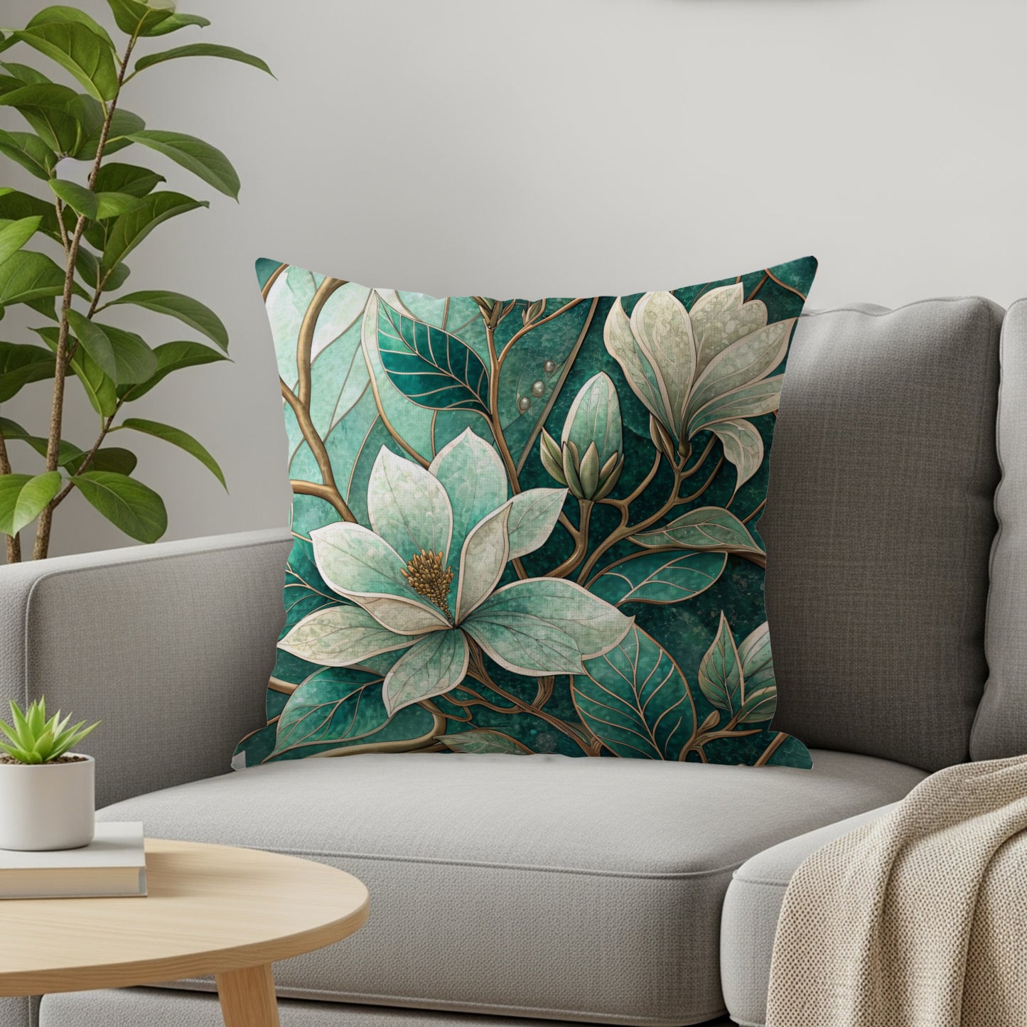 Emerald Magnolia Blossom and Vines Pattern Design Throw Pillows - Walk Greener