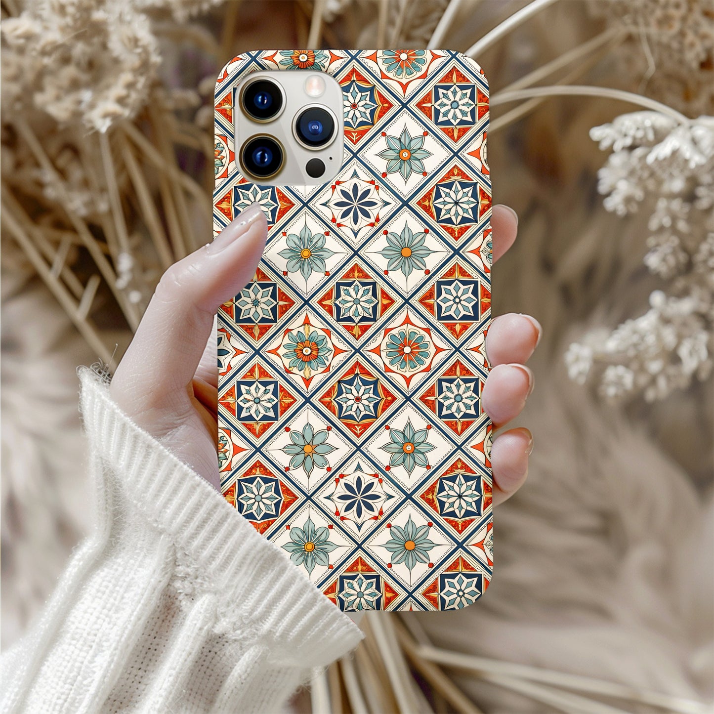 Ornate Floral Pattern In Squares With Custom Name Phone Case - Walk Greener