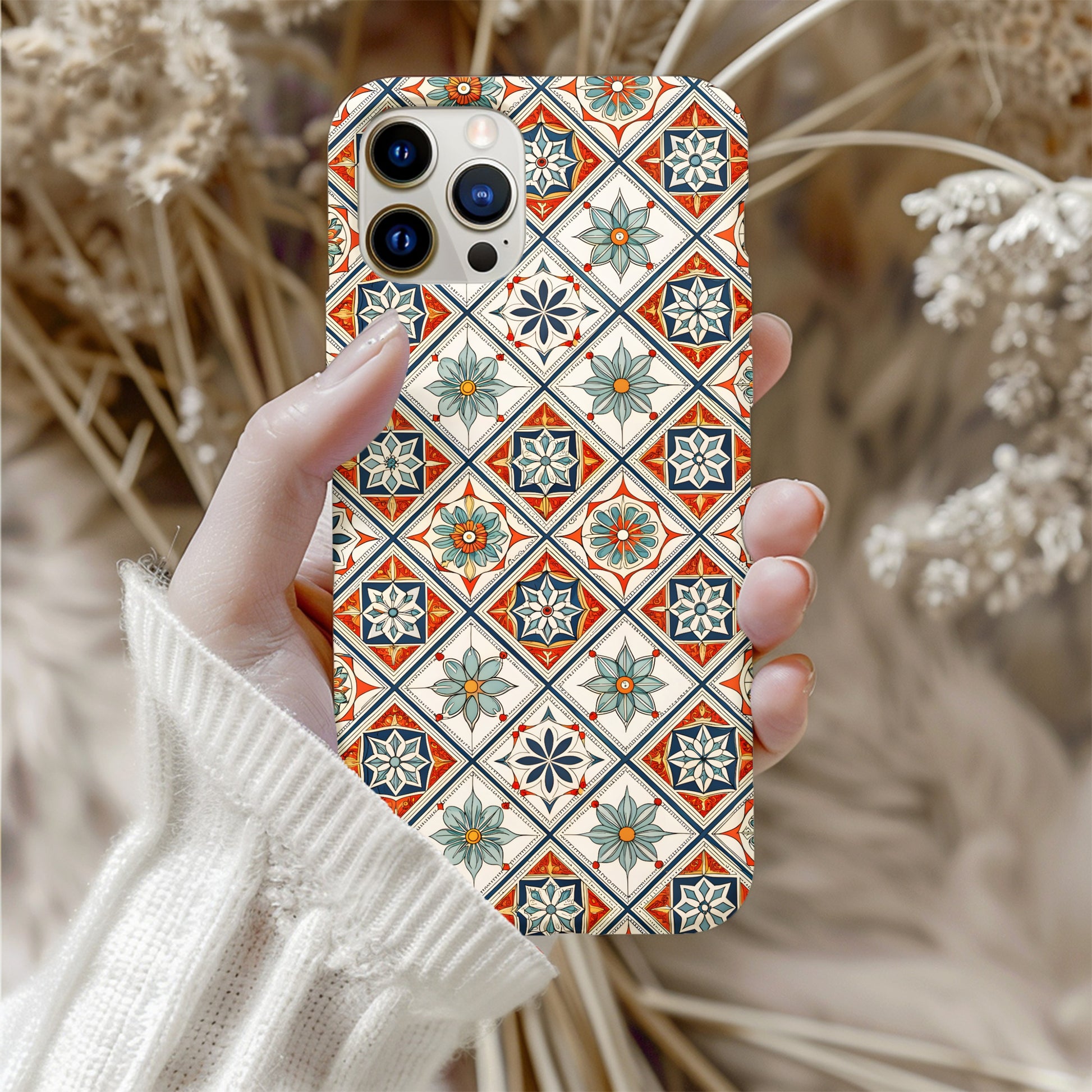 Ornate Floral Pattern In Squares With Custom Name Phone Case - Walk Greener