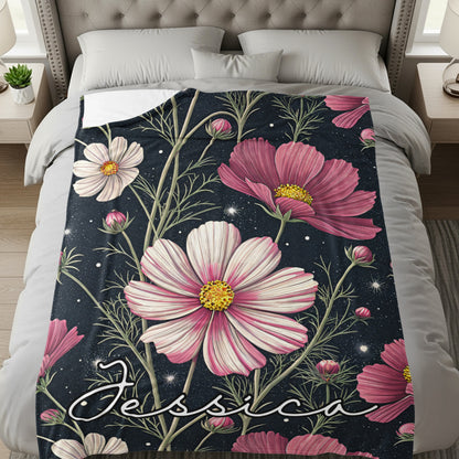 Cosmos Flowers With Custom Name On Dark Backdrop Custom Blanket - Walk Greener