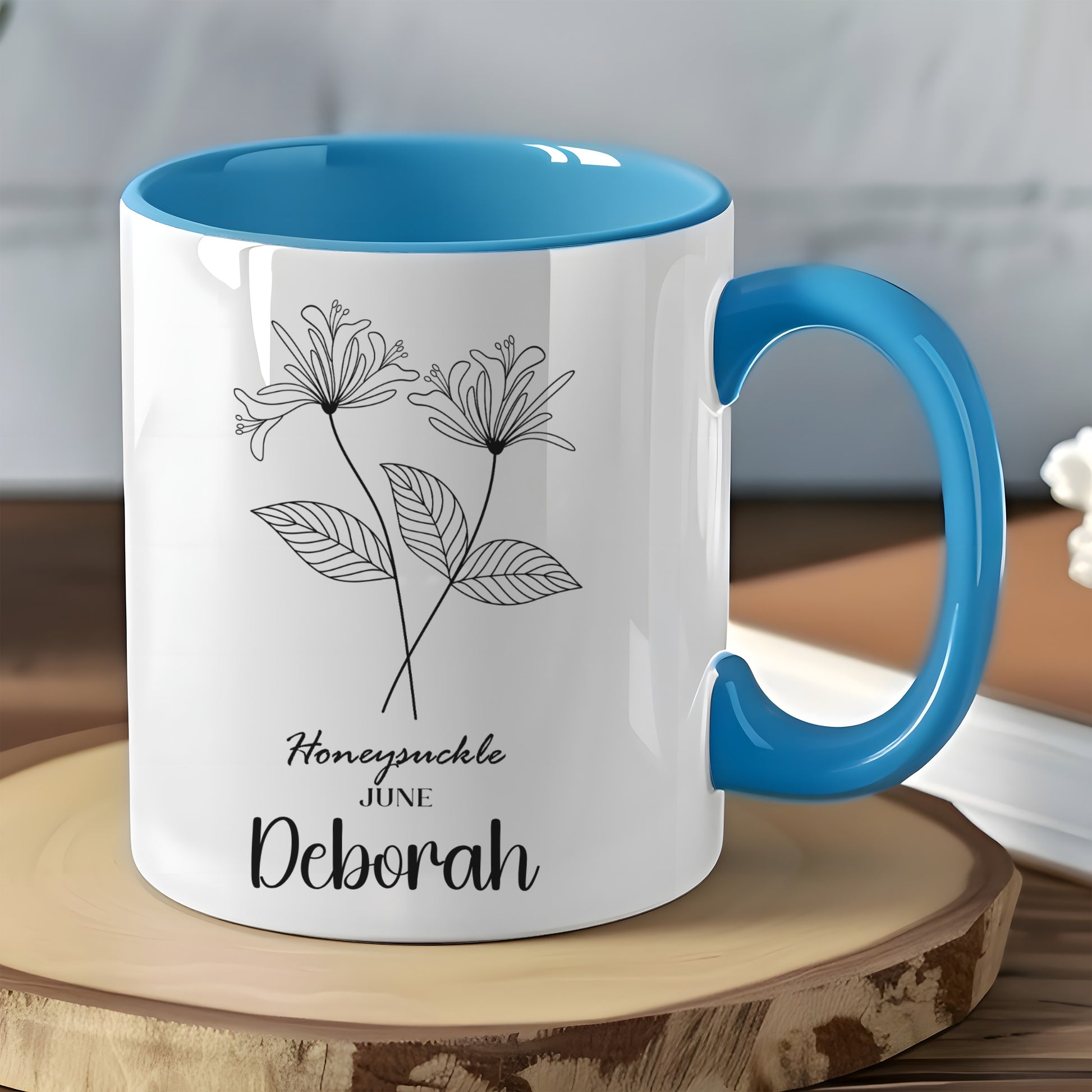 Honeysuckle June Personalized Deborah Mug with Blue Handle