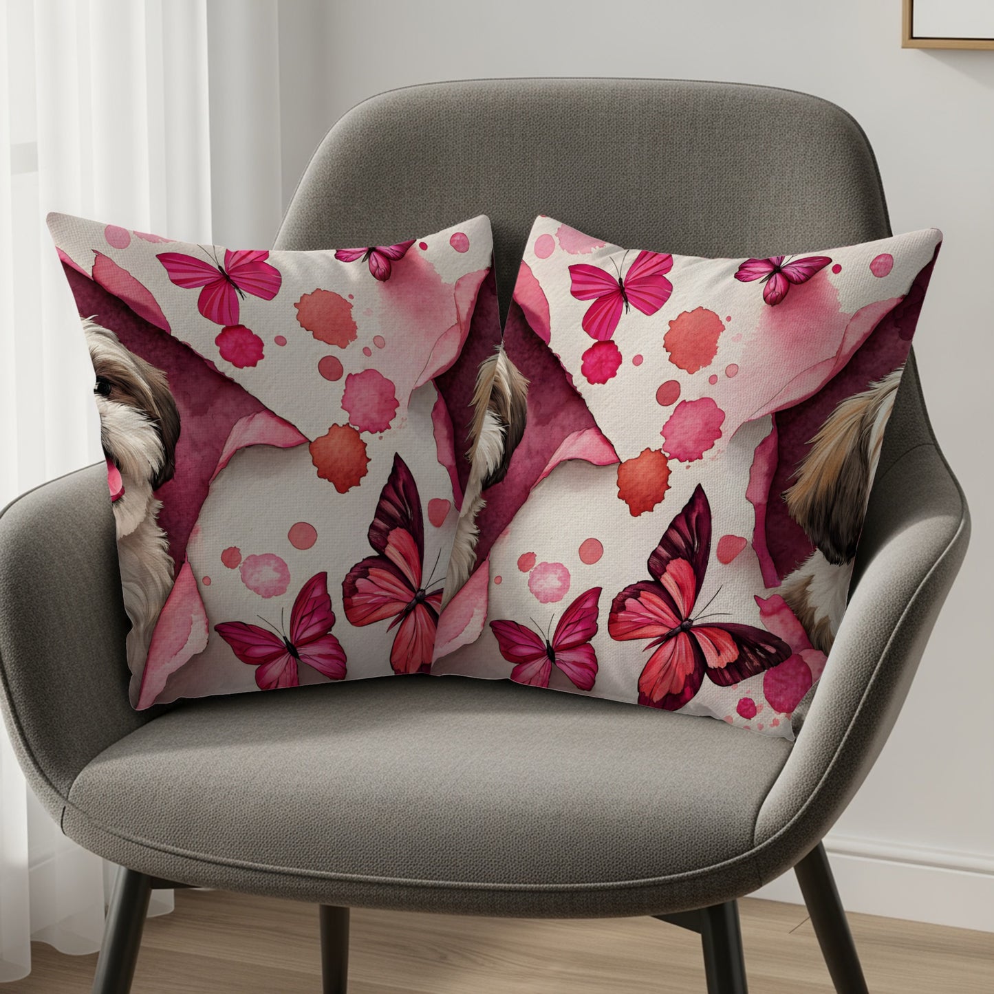 Pink Butterflies and Cute Dog Decorative Pillow Set