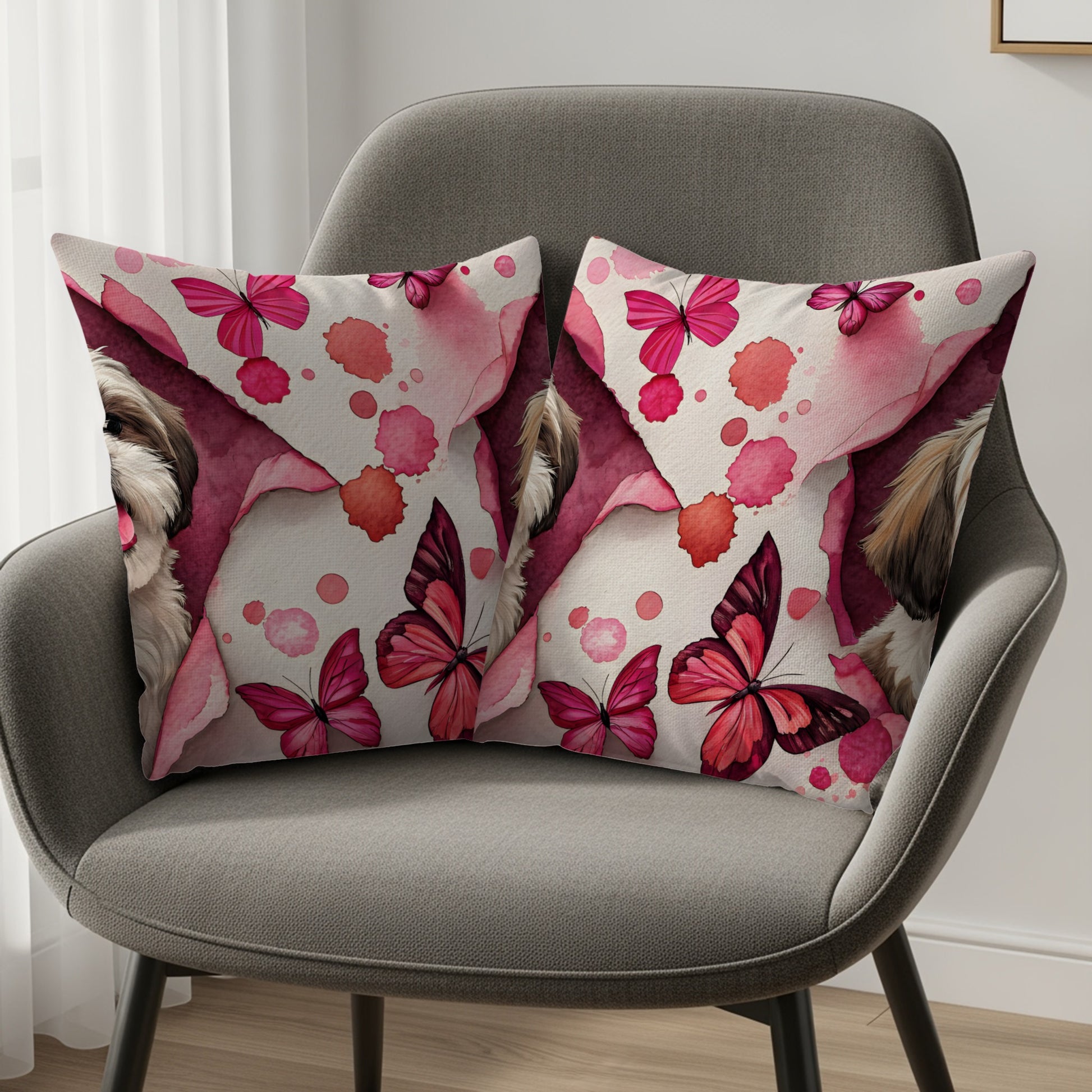 Pink Butterflies and Cute Dog Decorative Pillow Set