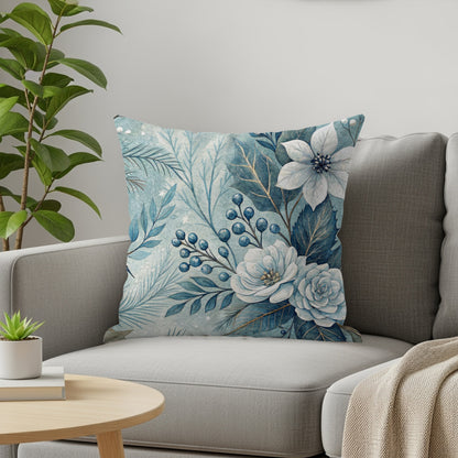 Blue Floral Throw Pillow with White Blossoms and Berries