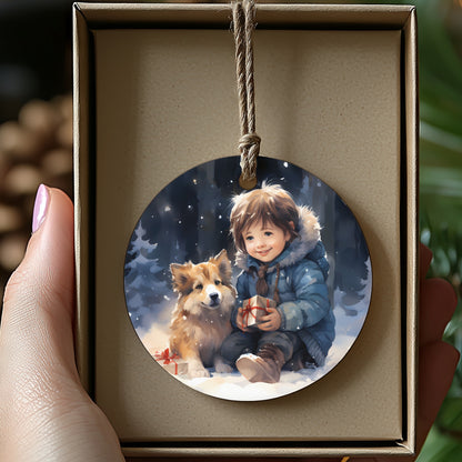 Child with Dog Winter Scene Christmas Ornament product