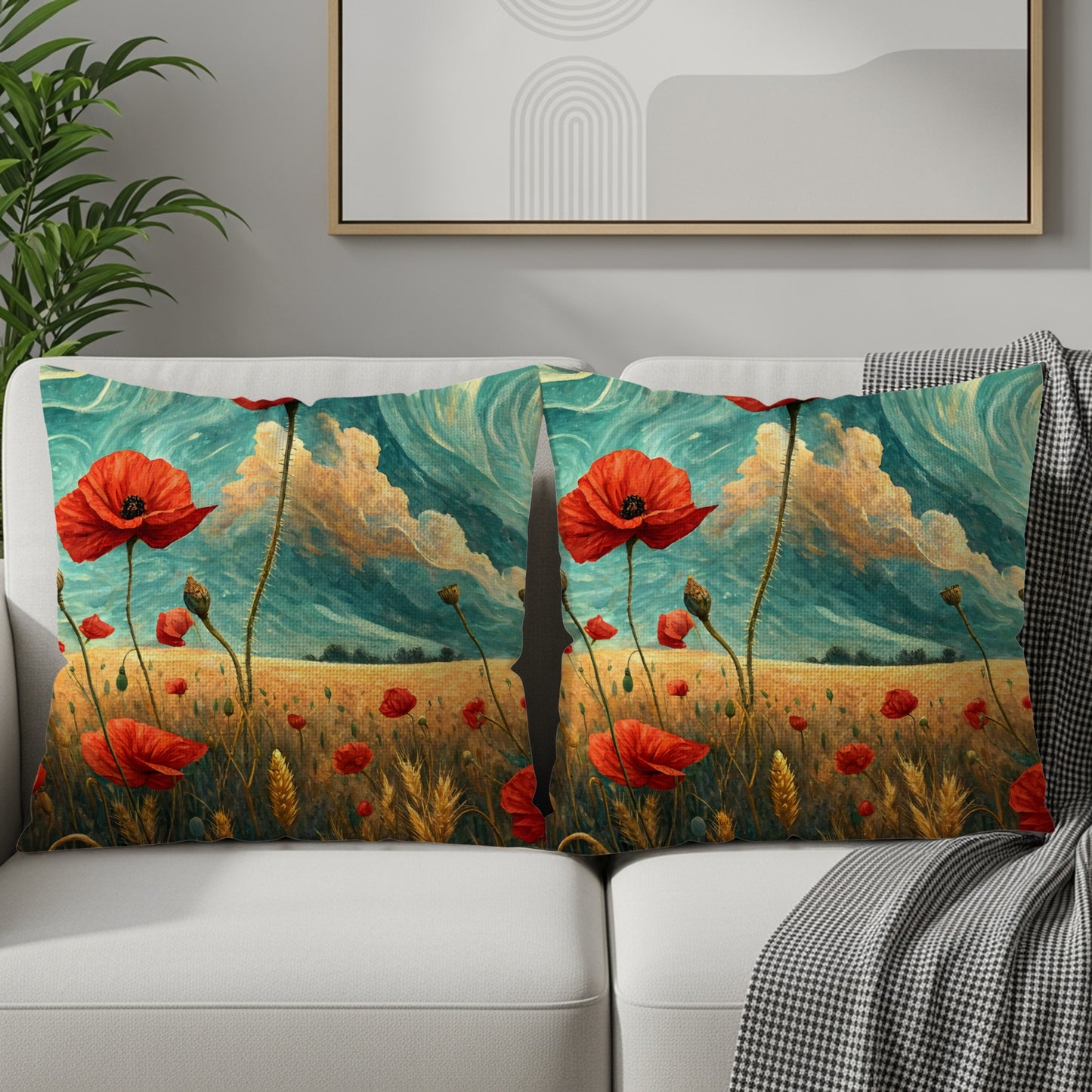 Red Poppy Field Under Sky in Painted Style Throw Pillows - Walk Greener