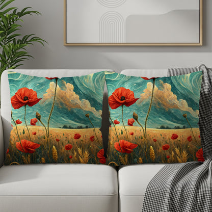 Red Poppy Field Under Sky in Painted Style Throw Pillows - Walk Greener