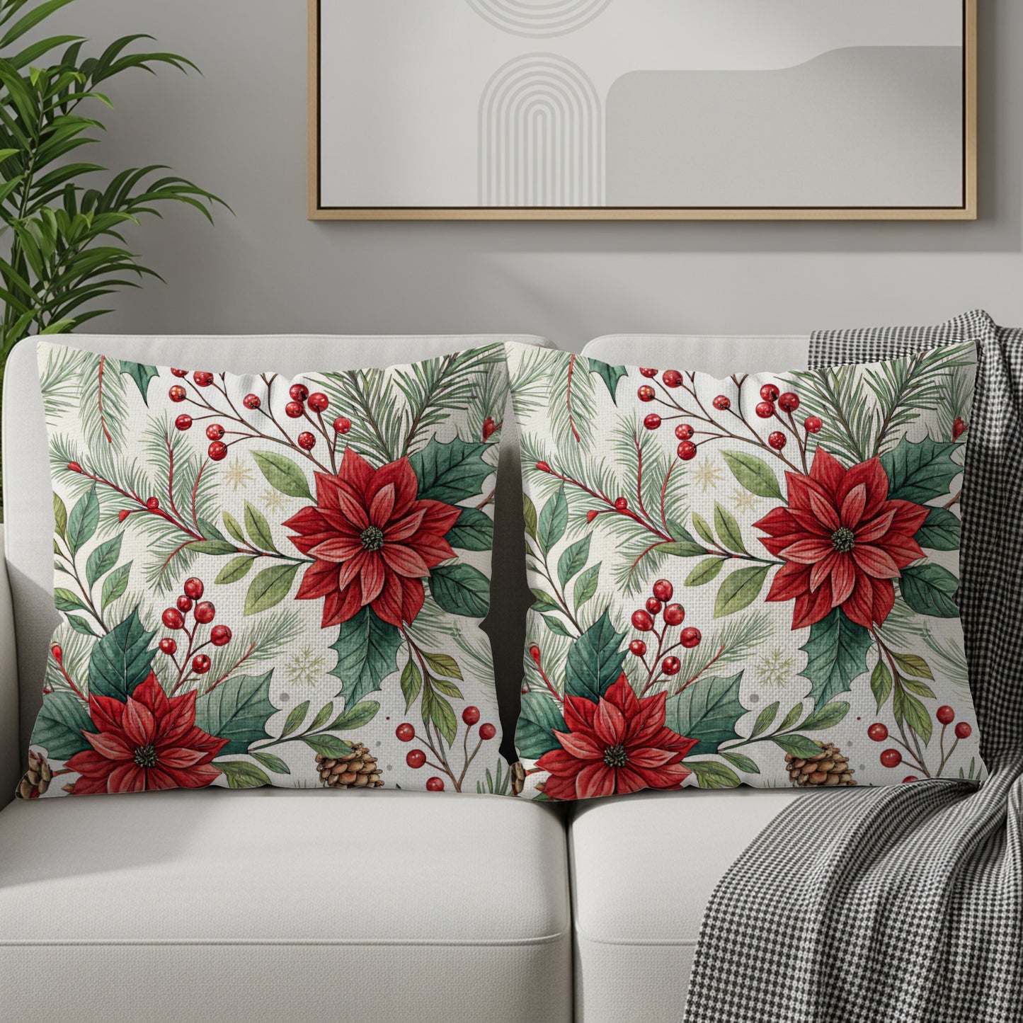 Festive Poinsettia Print Decorative Throw Pillow Product