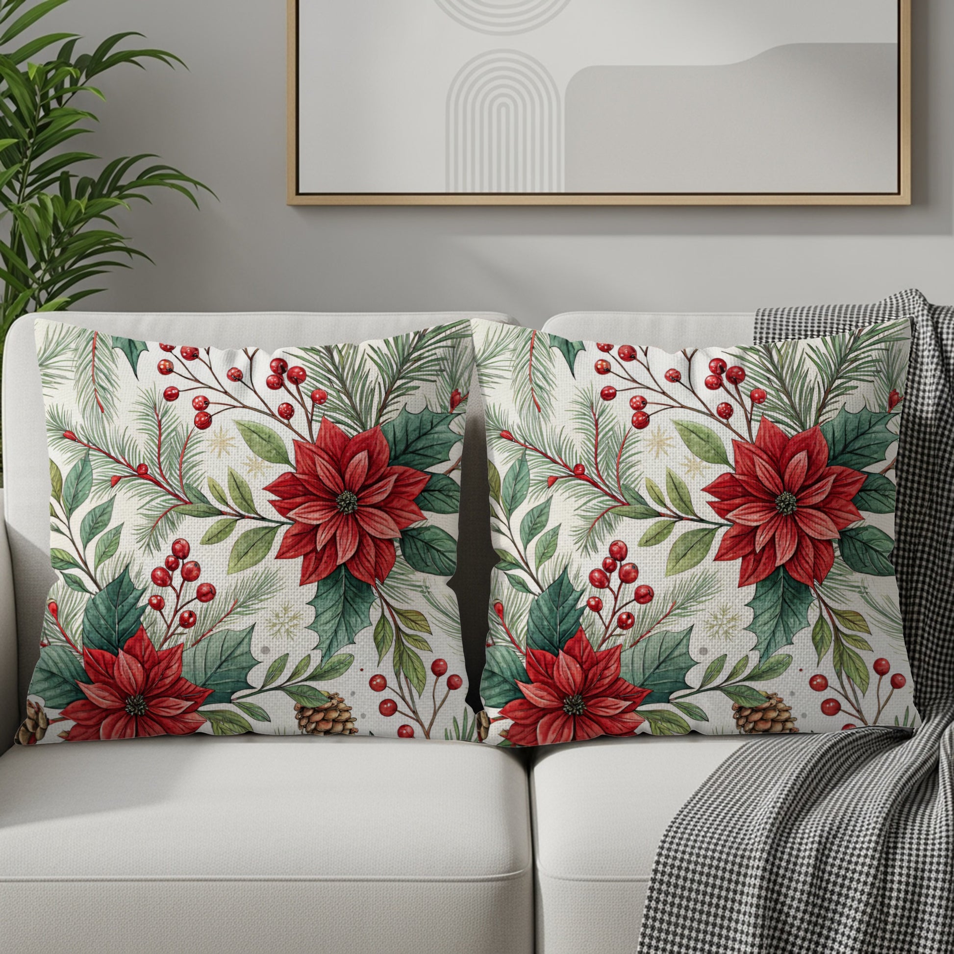 Festive Poinsettia Print Decorative Throw Pillow Product