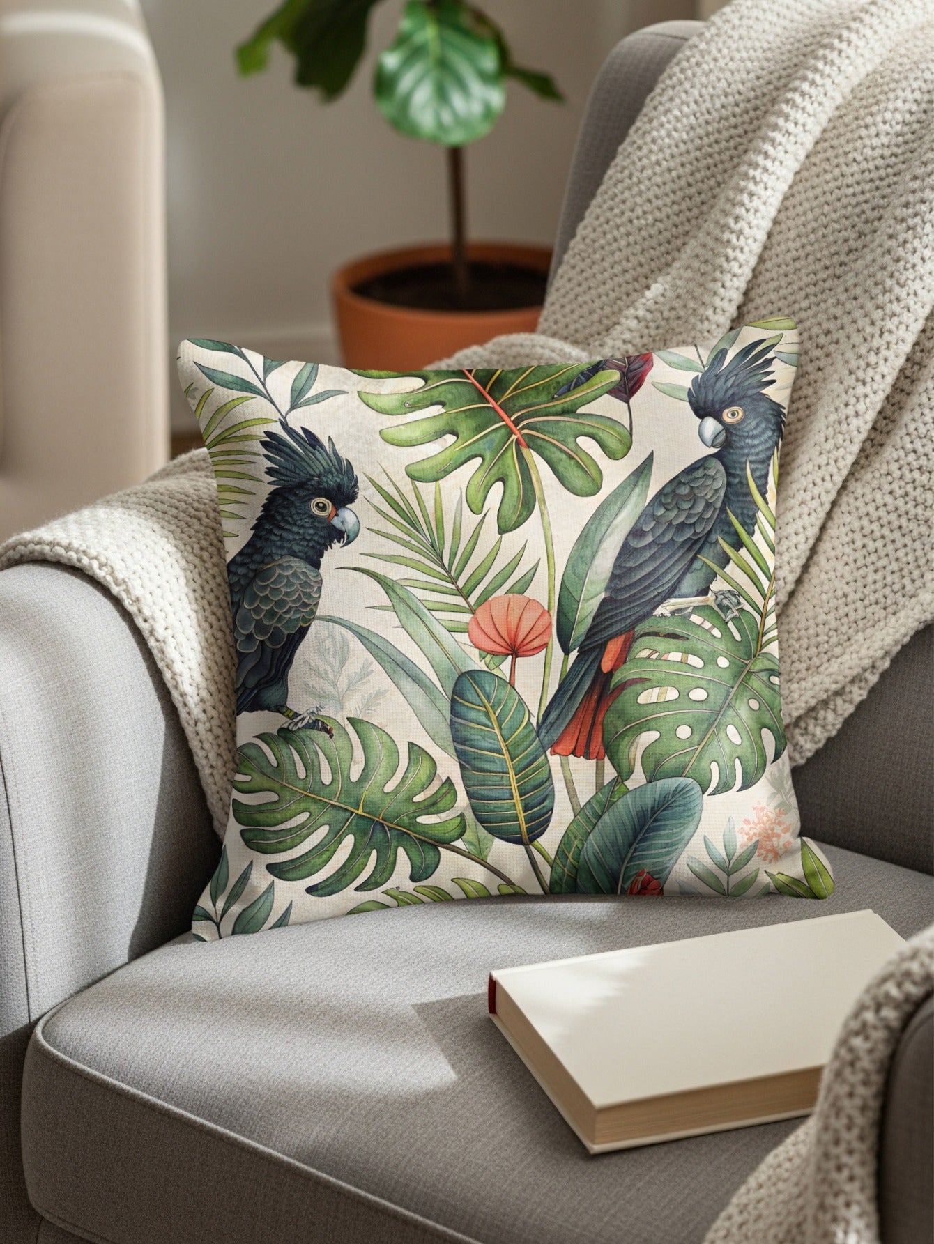 Tropical Parrot and Leaves Patterned Pillow product