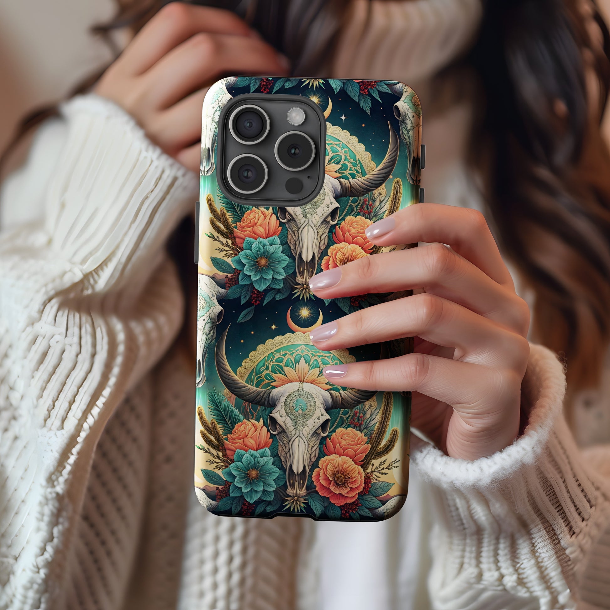 Colorful Mandala Skull Floral Design Phone Case