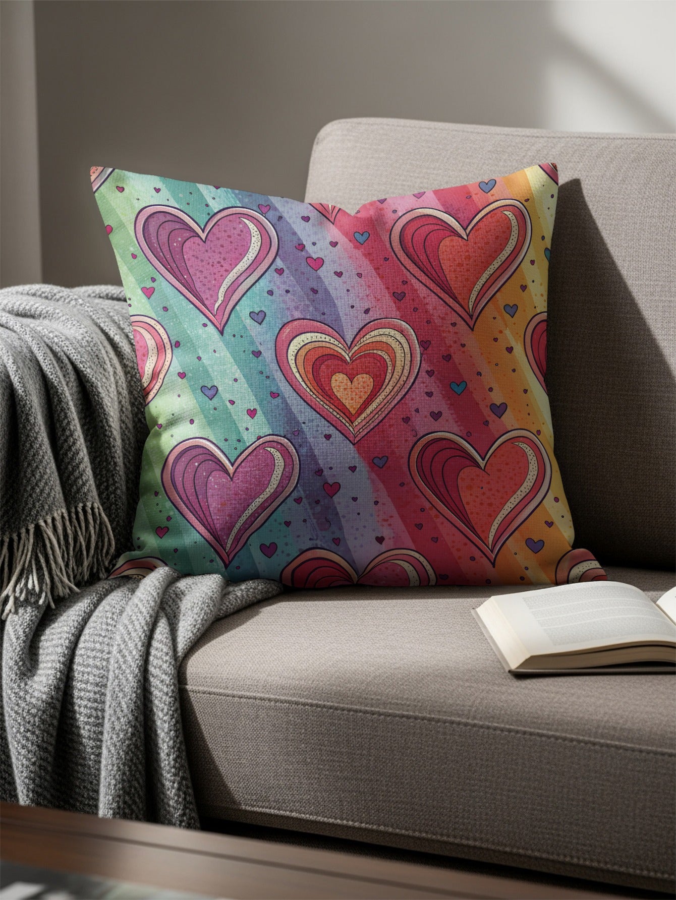 Colorful Hearts Patterned Throw Pillow for Home Decor