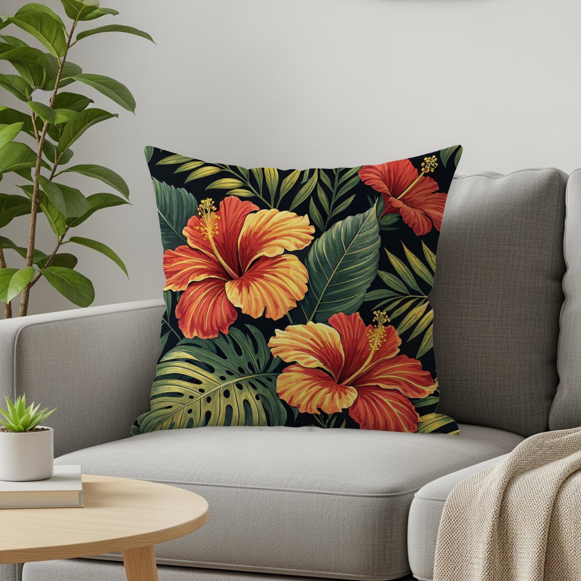 Tropical Hibiscus with Green Leaves Decorative Floral Throw Pillows - Walk Greener