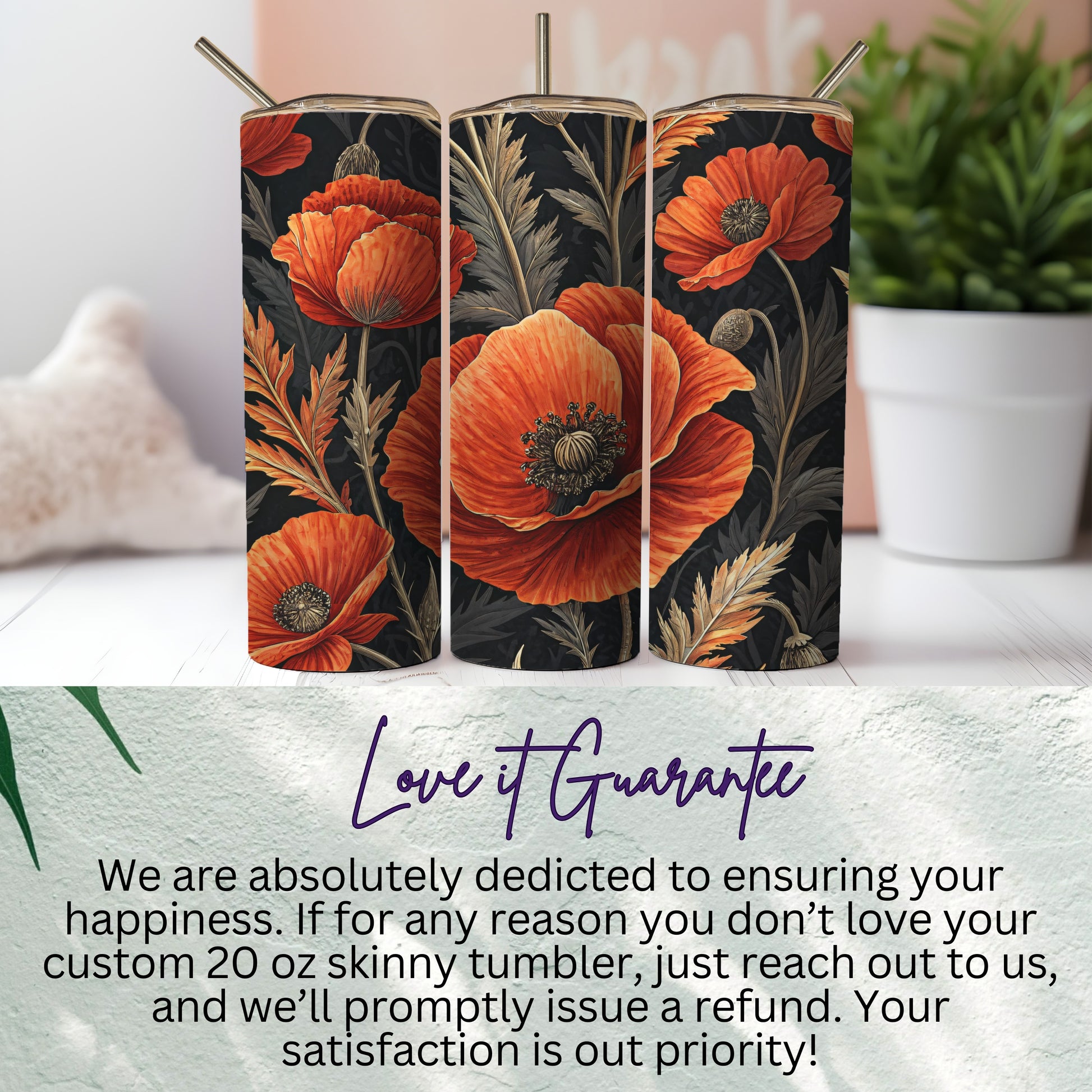 Artistic Floral Poppies Design Pattern for Beautiful Look Tumblers - Walk Greener