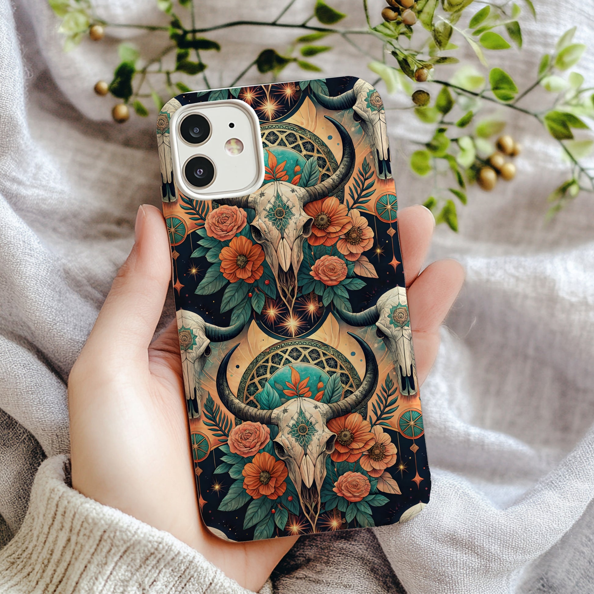 Ornate Bull Skull Floral Pattern Custom Phone Case - Walk Greener